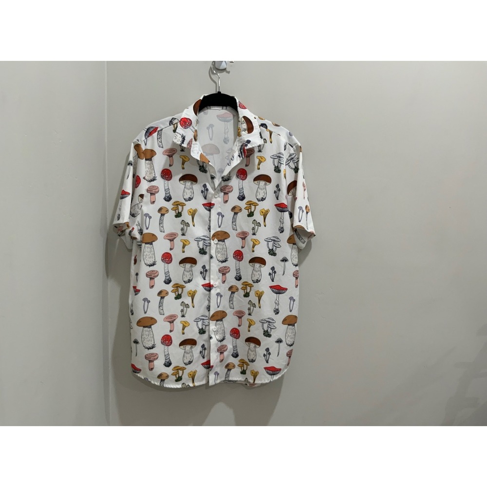 Romwe Mens Mushroom Print Short Sleeve Button Down Shirt White Size Medium